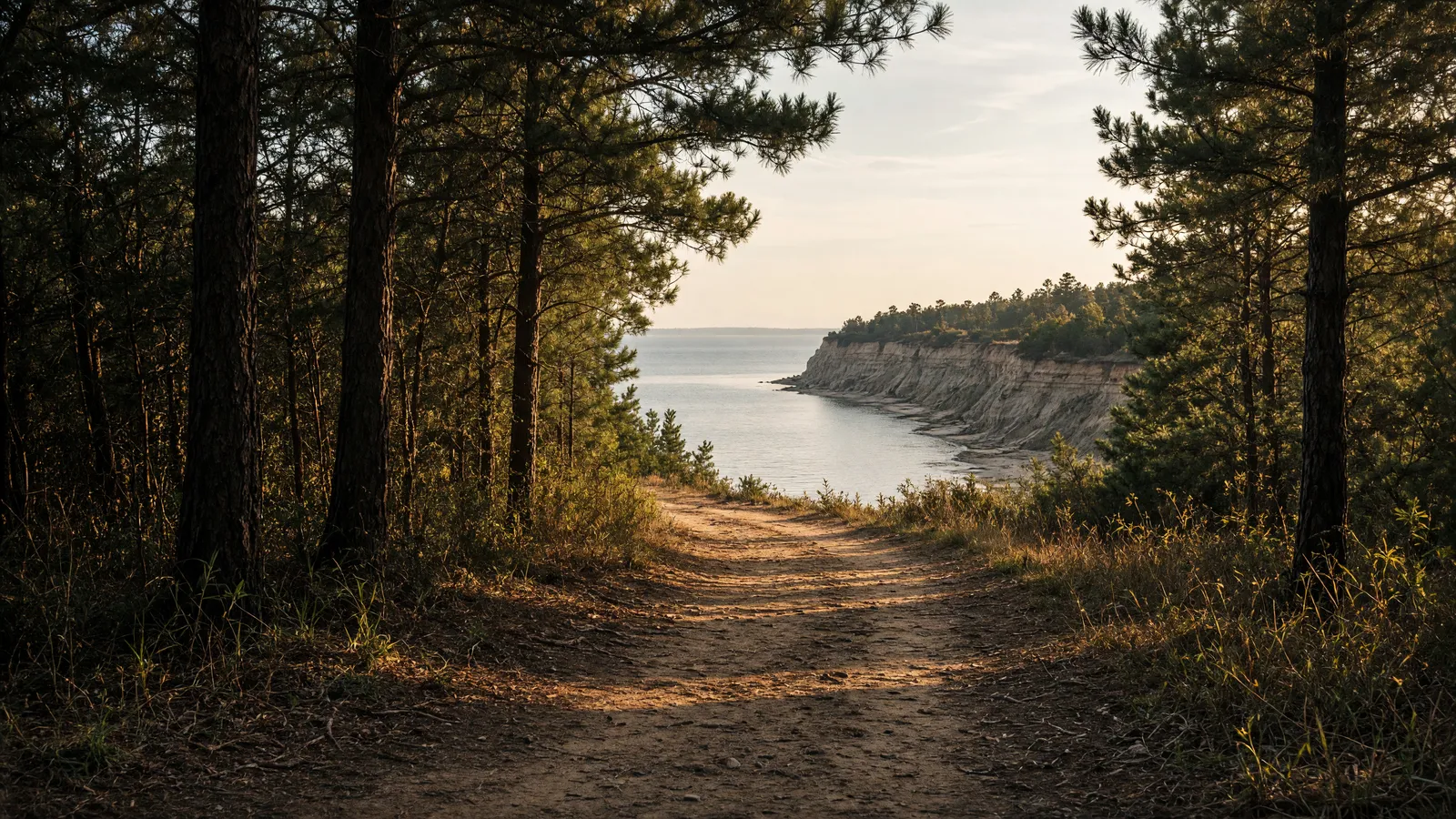 Empty packed path through pines toward Calvert Cliffs and Chesapeake Bay, Calvert County, Maryland
