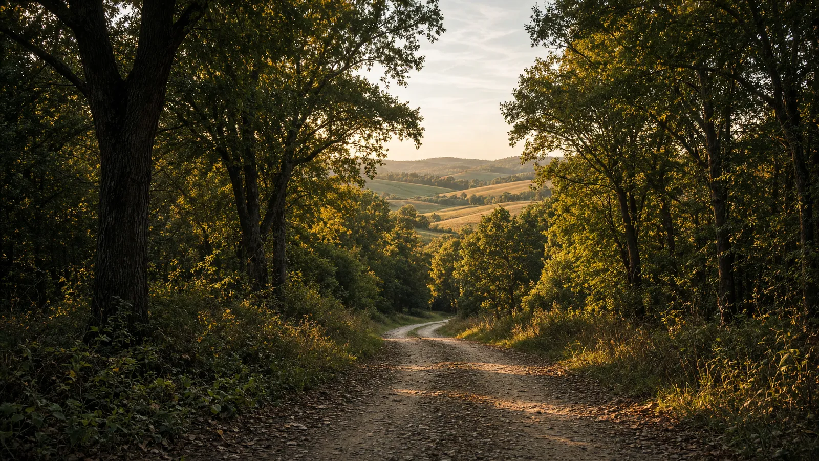 Empty packed farm-lane path through Piedmont oak woods, Carroll County, Maryland