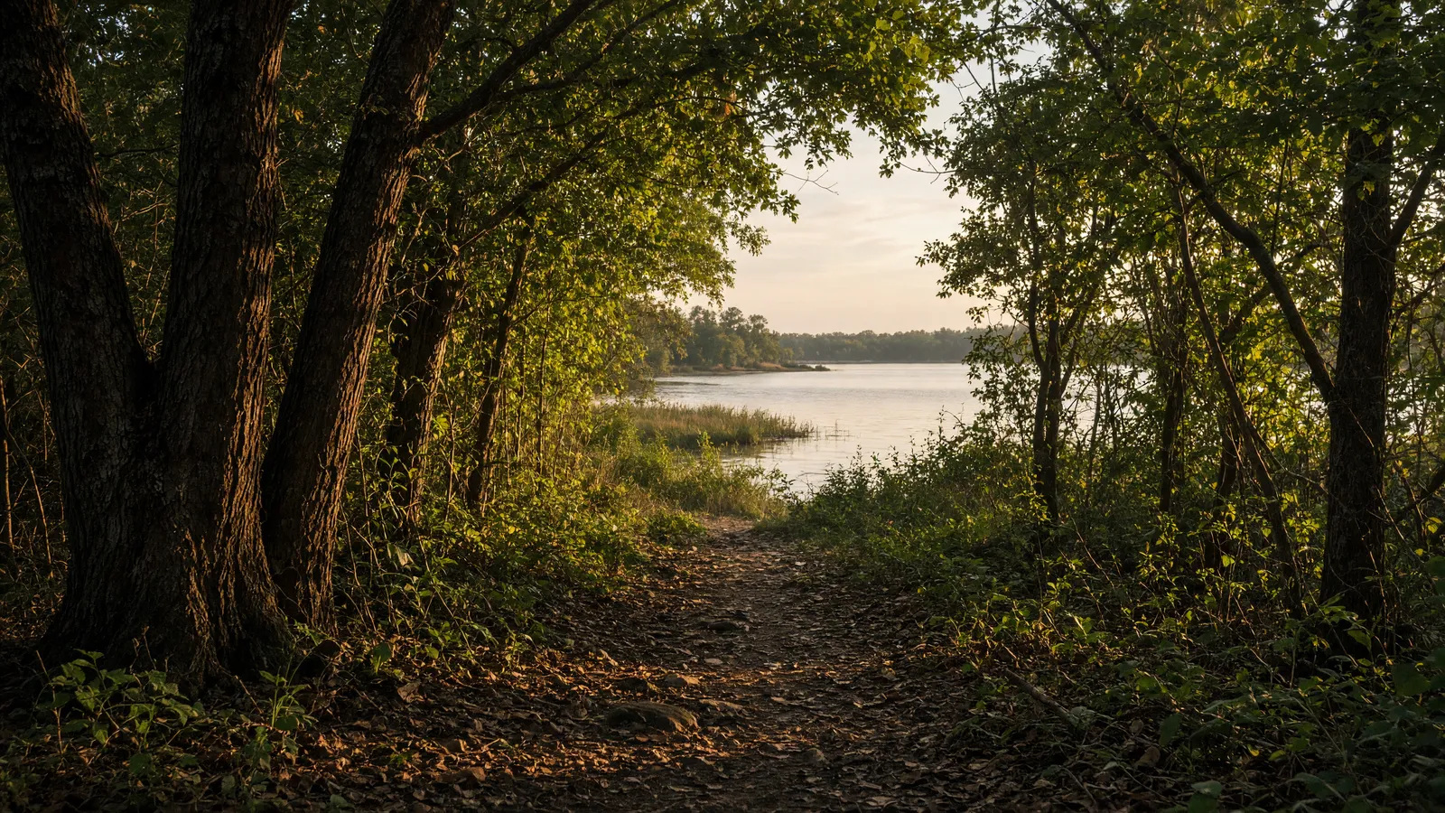 Empty packed woodland path toward still Potomac tidal water, Charles County, Maryland