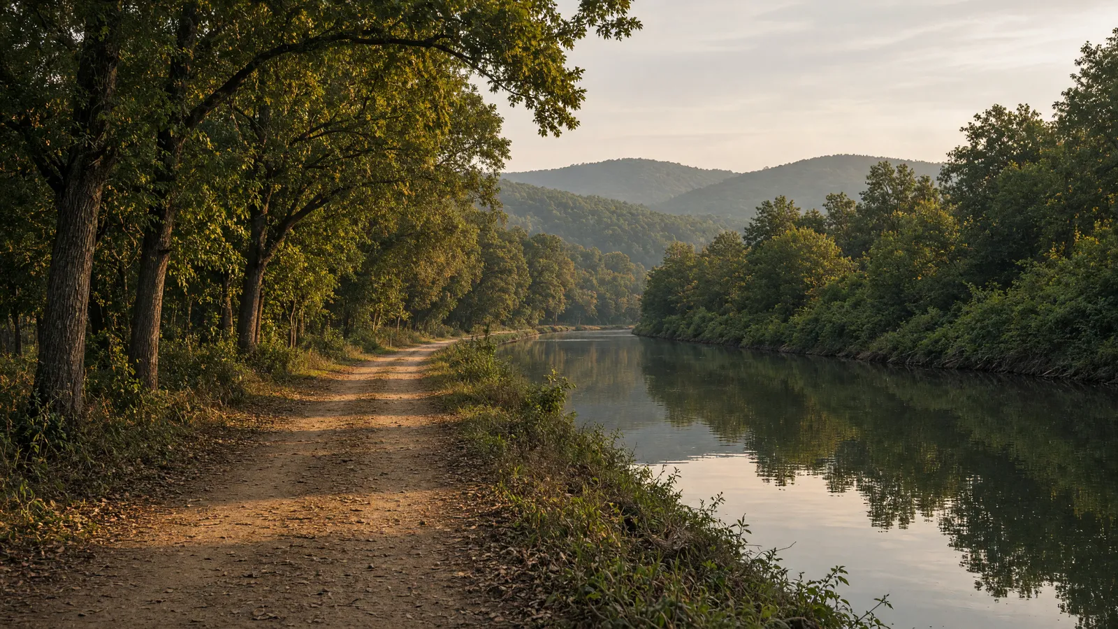 Empty C&O Canal towpath packed dirt toward Catoctin ridge oaks, Frederick County, Maryland