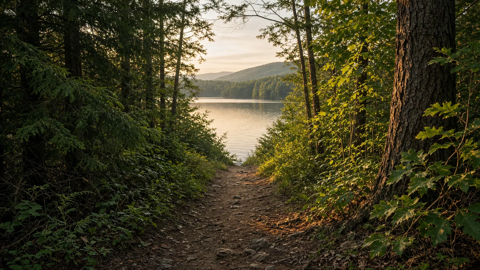Empty packed forest path toward still Deep Creek Lake water, Garrett County, Maryland