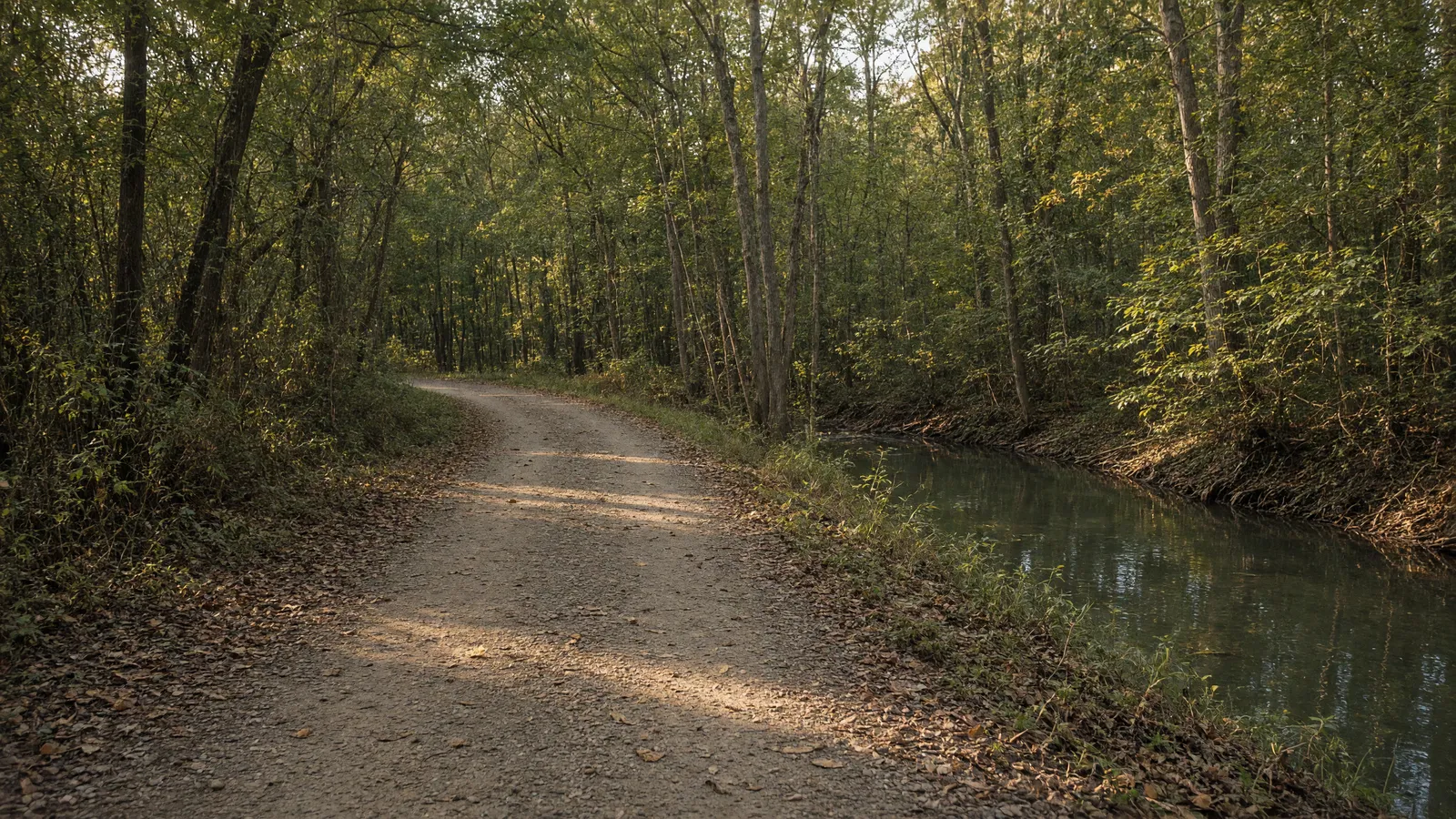Empty Ma and Pa Heritage Trail packed path through Piedmont woods, Harford County, Maryland