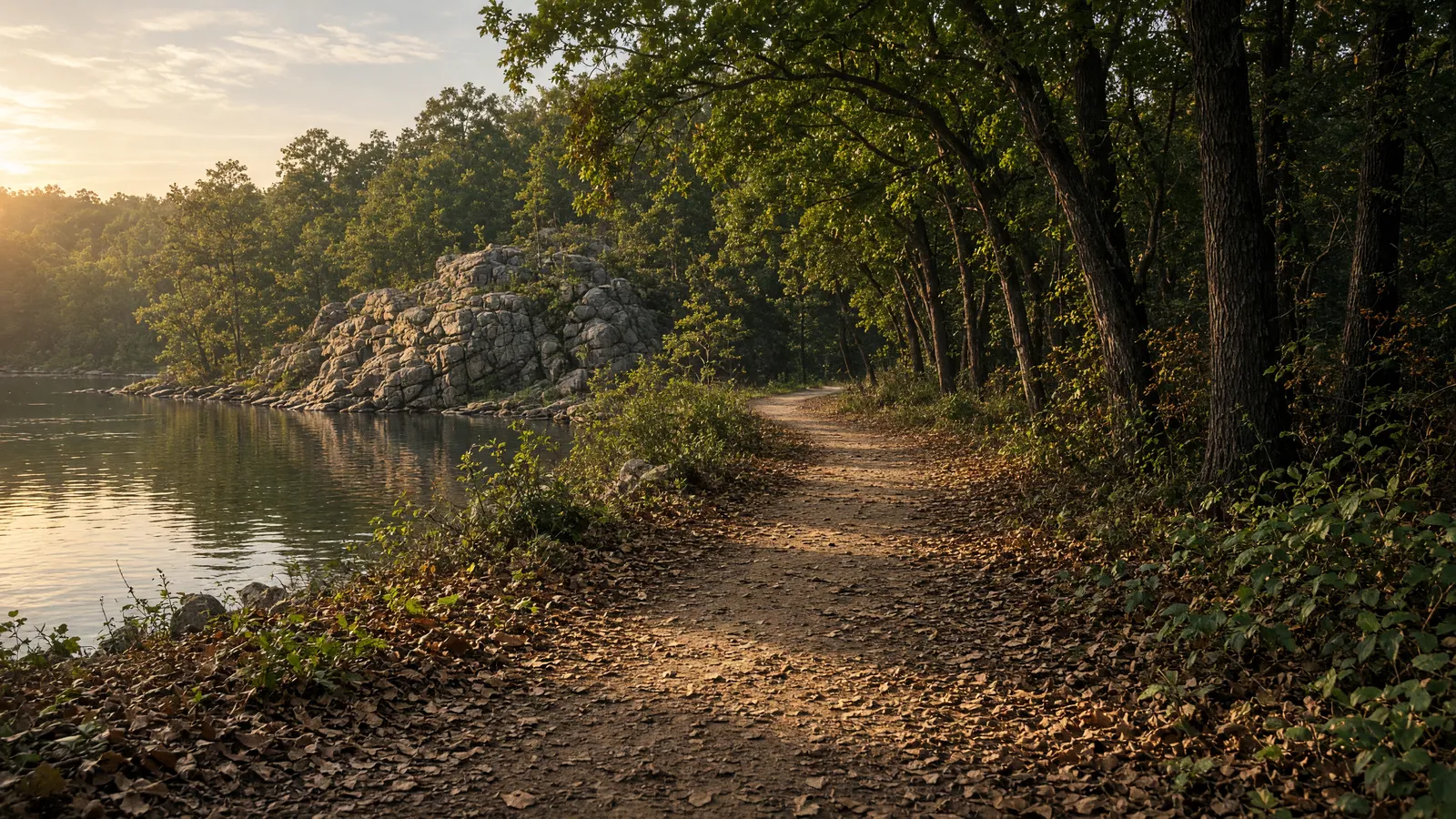 Empty packed path through Patapsco Valley oaks toward still river water, Howard County, Maryland