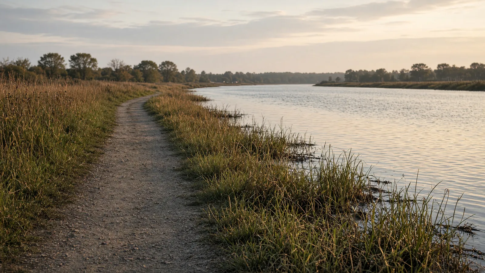 Empty packed waterfront path through Eastern Shore marsh toward still Chester River water, Kent County, Maryland