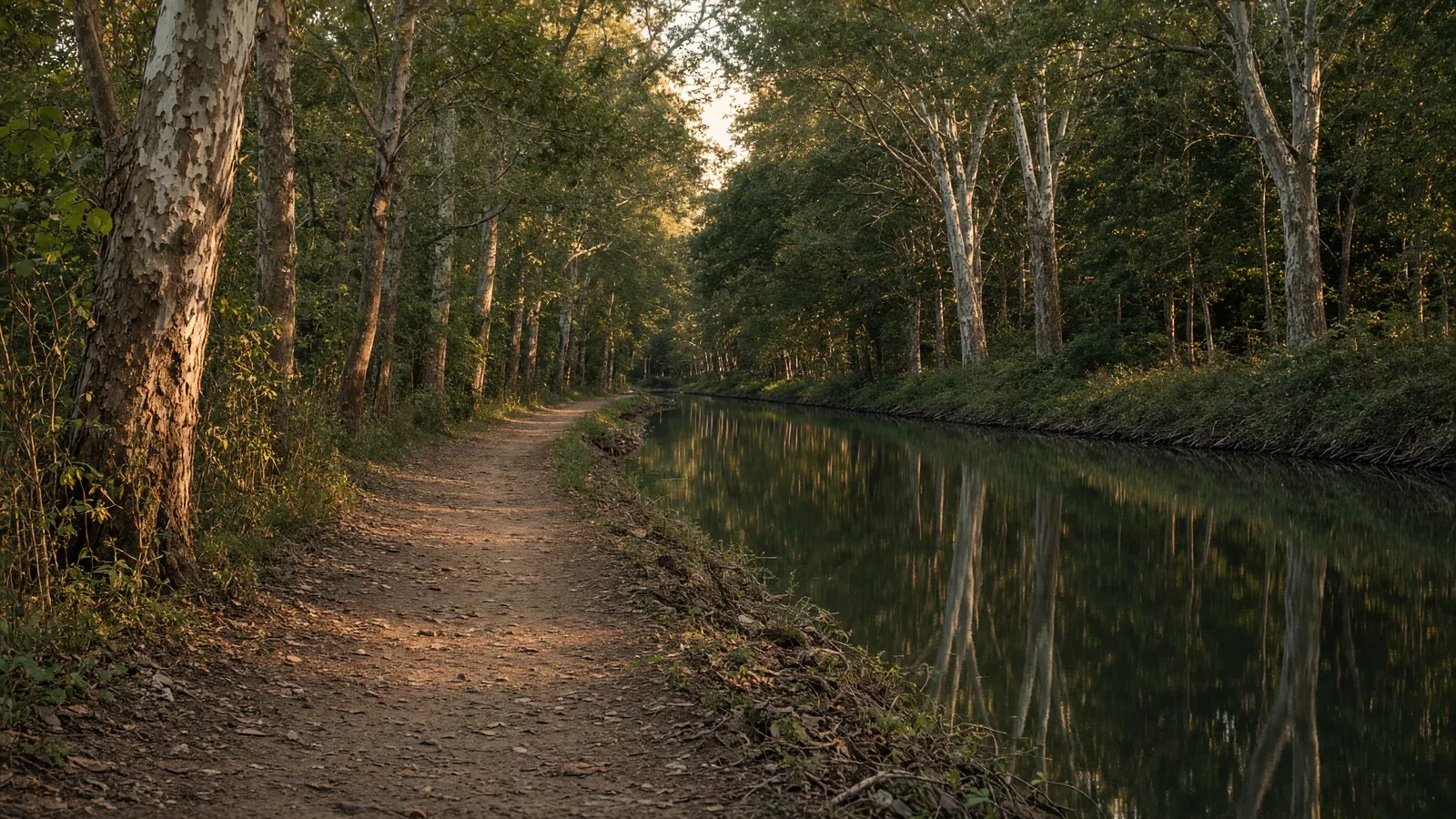 Empty C&O Canal towpath packed dirt beside still canal water toward sycamores, Montgomery County, Maryland