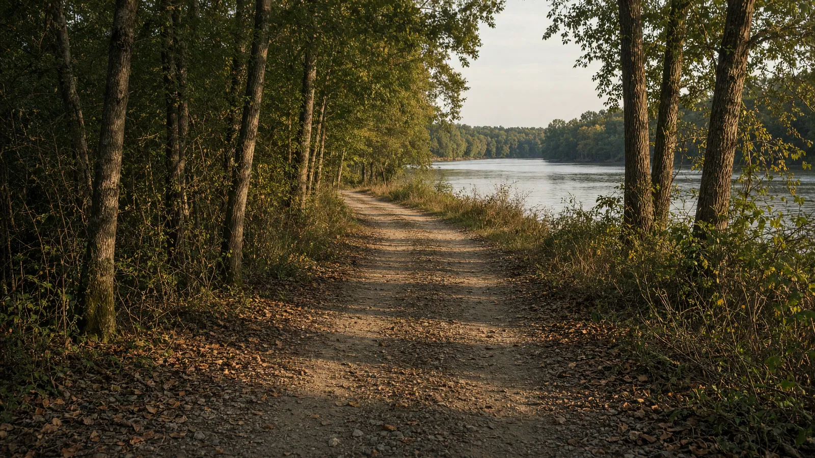 Empty Anacostia River packed path through hardwoods toward still tidal water, Prince George's County, Maryland