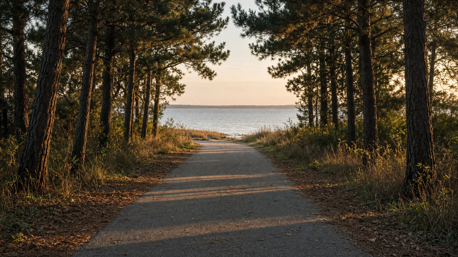 Empty Cross Island Trail paved path through pines toward still Chesapeake Bay water, Queen Anne's County, Maryland