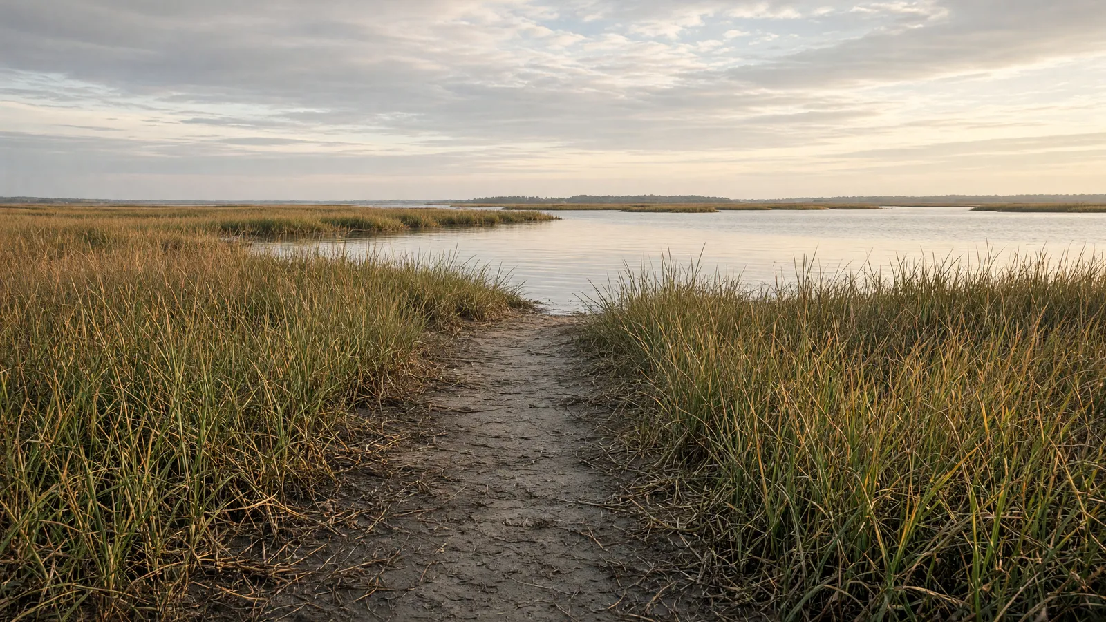 Empty packed marsh path through Spartina grass toward still Tangier Sound water, Somerset County, Maryland