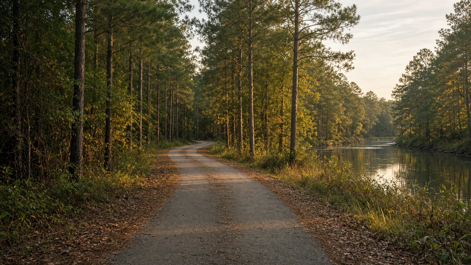 Empty Three Notch Trail packed rail-trail through southern Maryland pines, St. Mary's County, Maryland