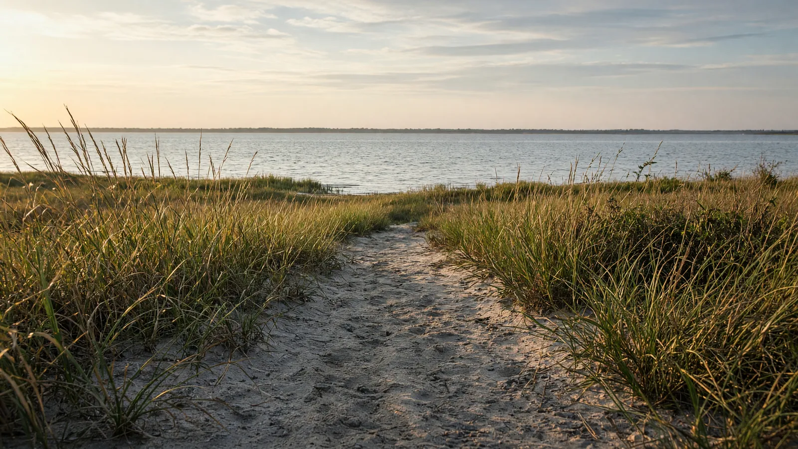 Empty packed coastal marsh path through dune grass toward still Atlantic back-bay water, Fenwick Island country Maryland Eastern Shore