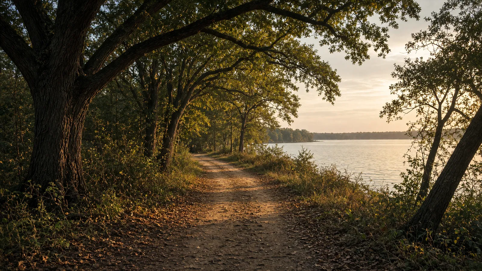 Empty packed waterfront path through oaks toward still Tred Avon River water, Talbot County, Maryland