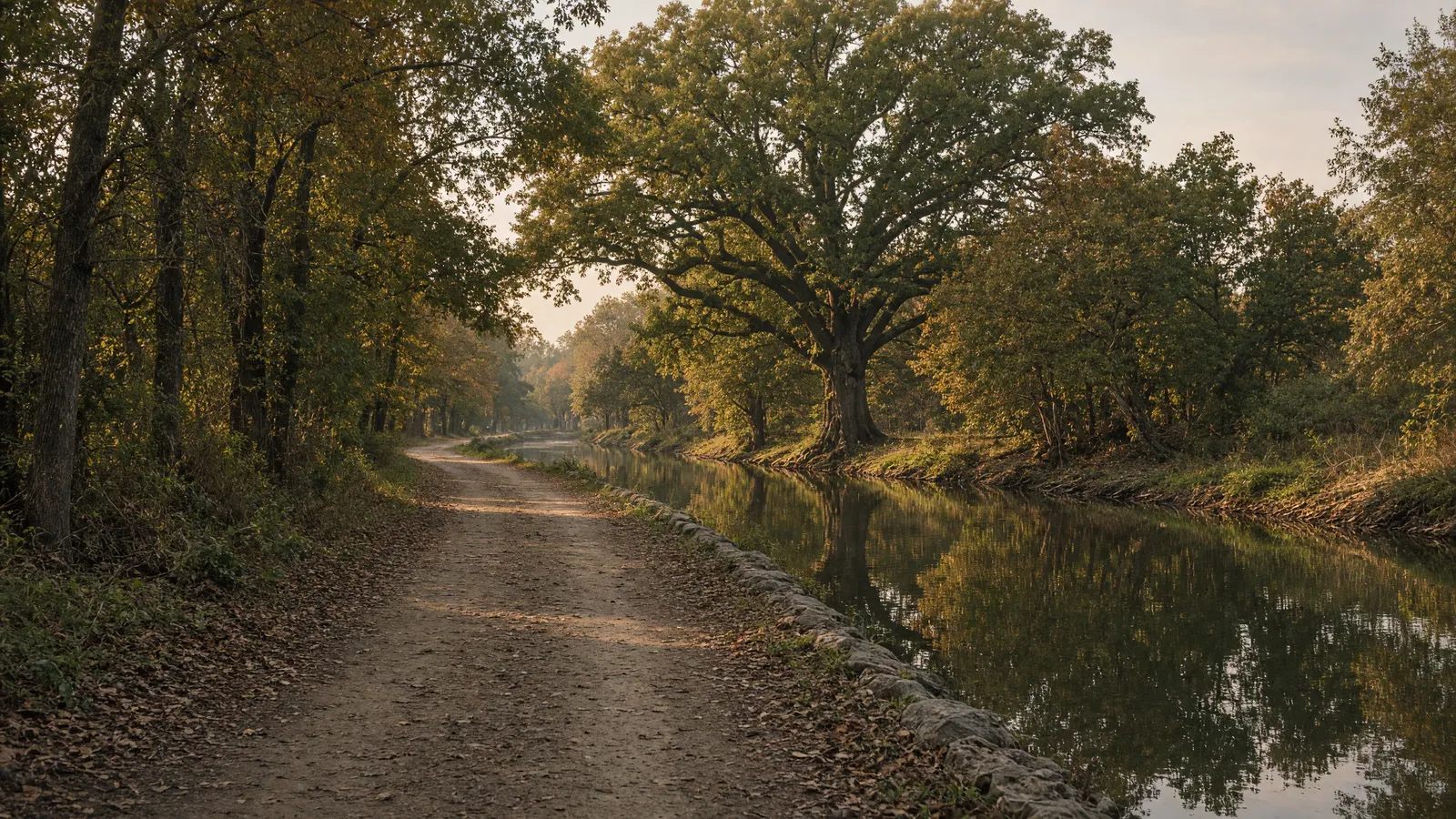 Empty C&O Canal towpath packed dirt beside still canal water toward Antietam country oaks, Washington County, Maryland