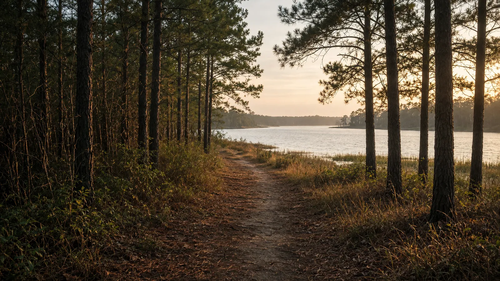 Empty packed path through pines toward still Nanticoke River water, Wicomico County, Maryland