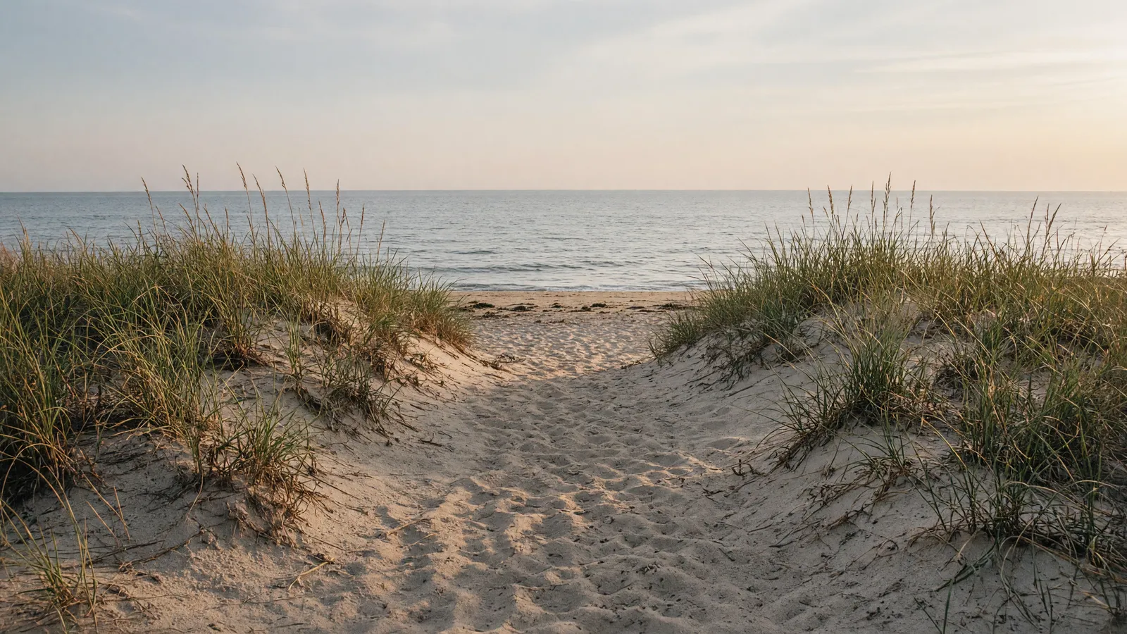 Empty Assateague barrier-island packed sand path through dune grass toward still Atlantic ocean, Worcester County, Maryland