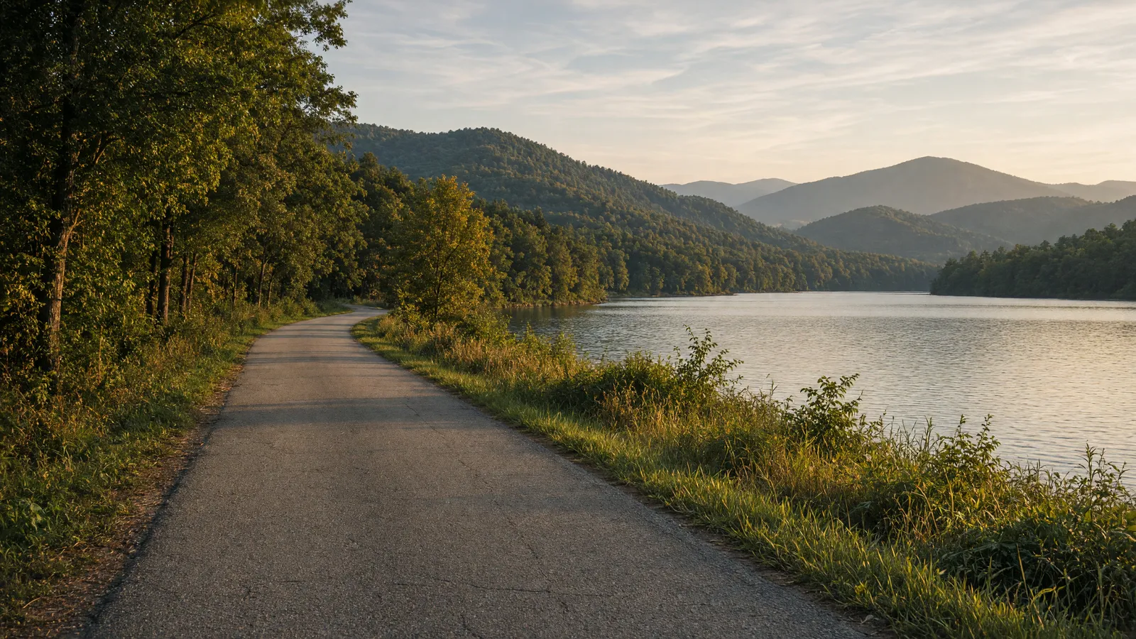 Empty Ashuwillticook Rail Trail along a Berkshire reservoir toward forested hills, Massachusetts