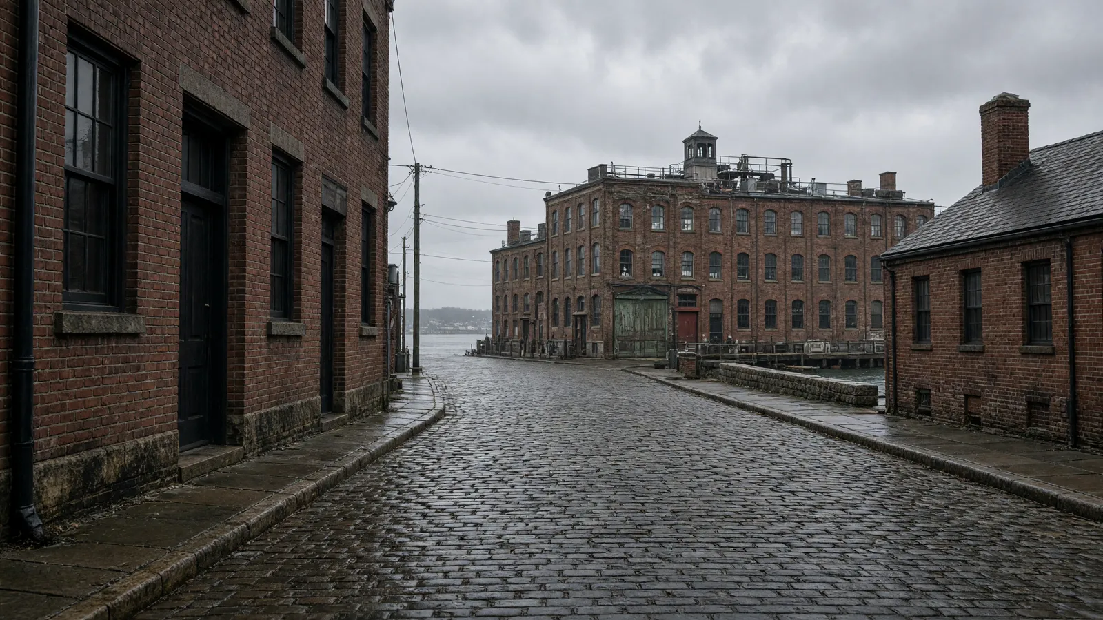 Empty New Bedford waterfront cobblestone street toward historic mill brick and harbor, Bristol County, Massachusetts