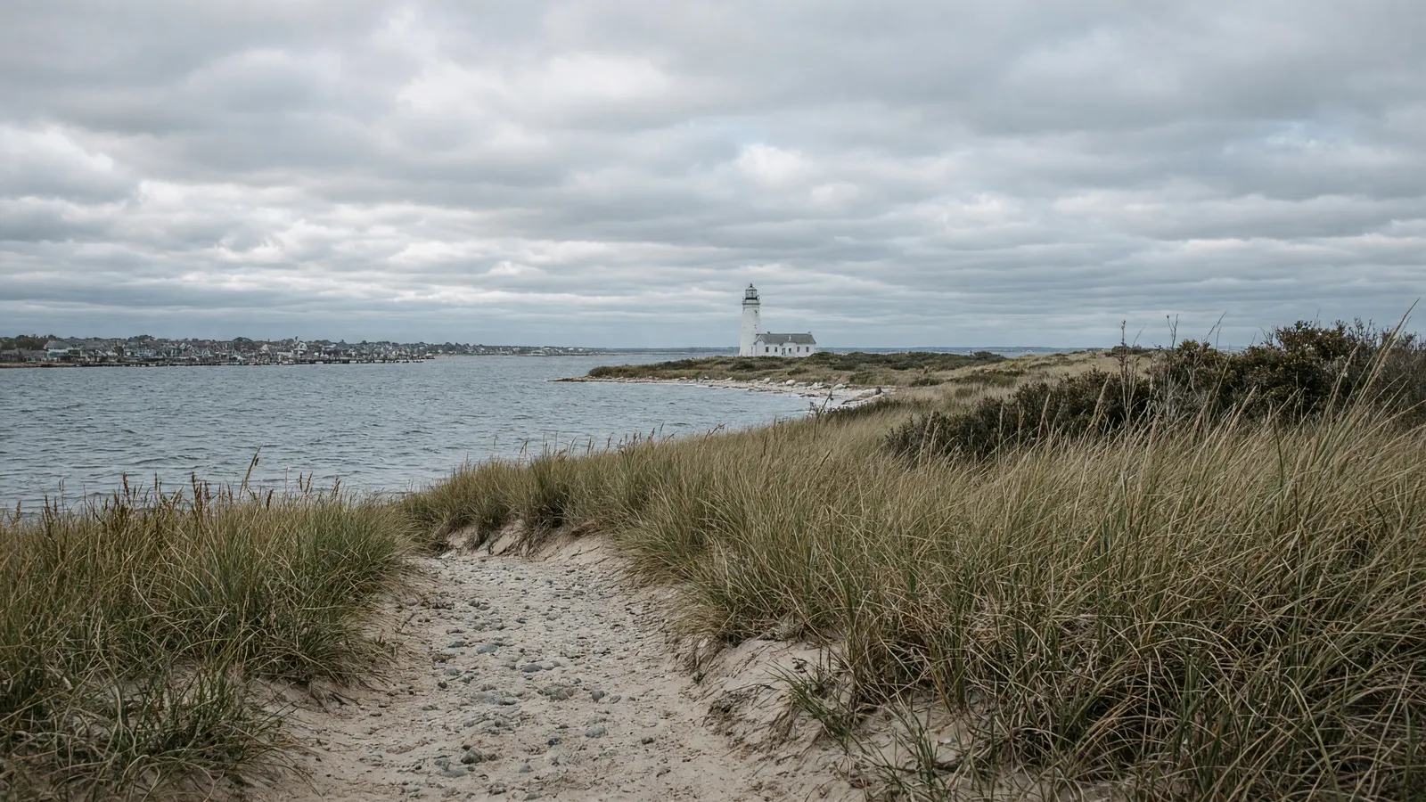 Empty Martha's Vineyard coastal path through dune grass toward Edgartown Light, Dukes County, Massachusetts
