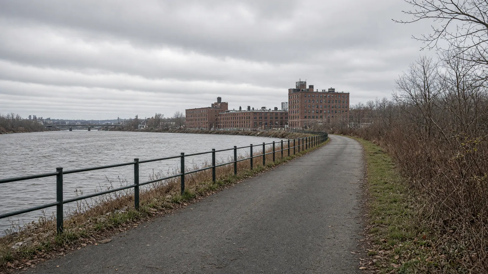 Empty Connecticut River Walk paved path along the Springfield Massachusetts riverfront, Hampden County