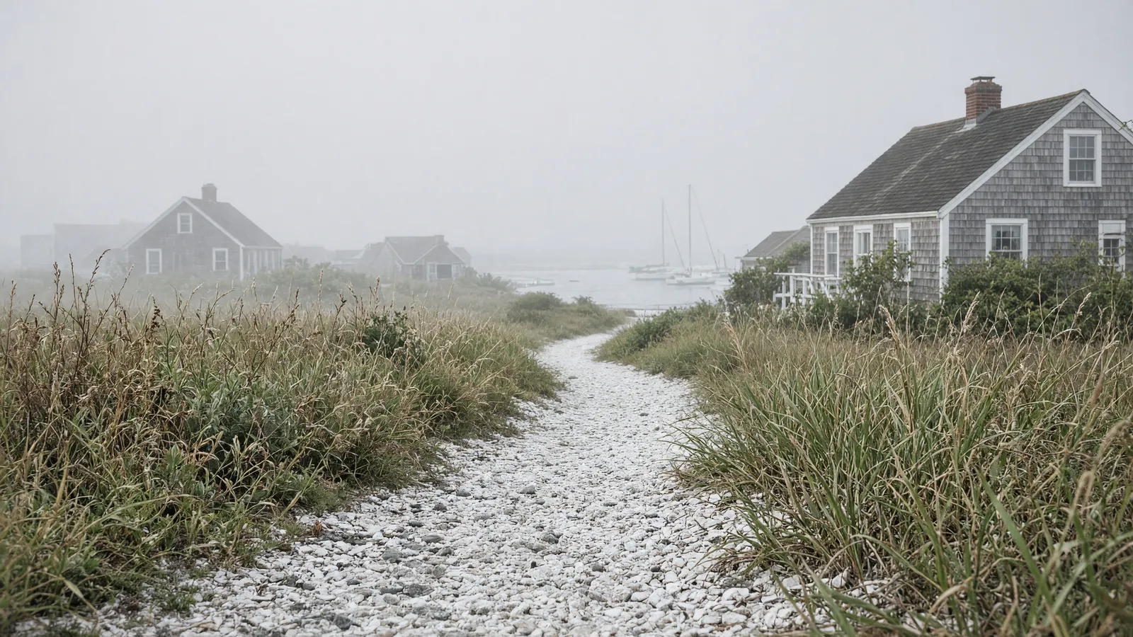 Empty Nantucket crushed-shell path through dune grass toward gray-shingle cottages, Nantucket County, Massachusetts