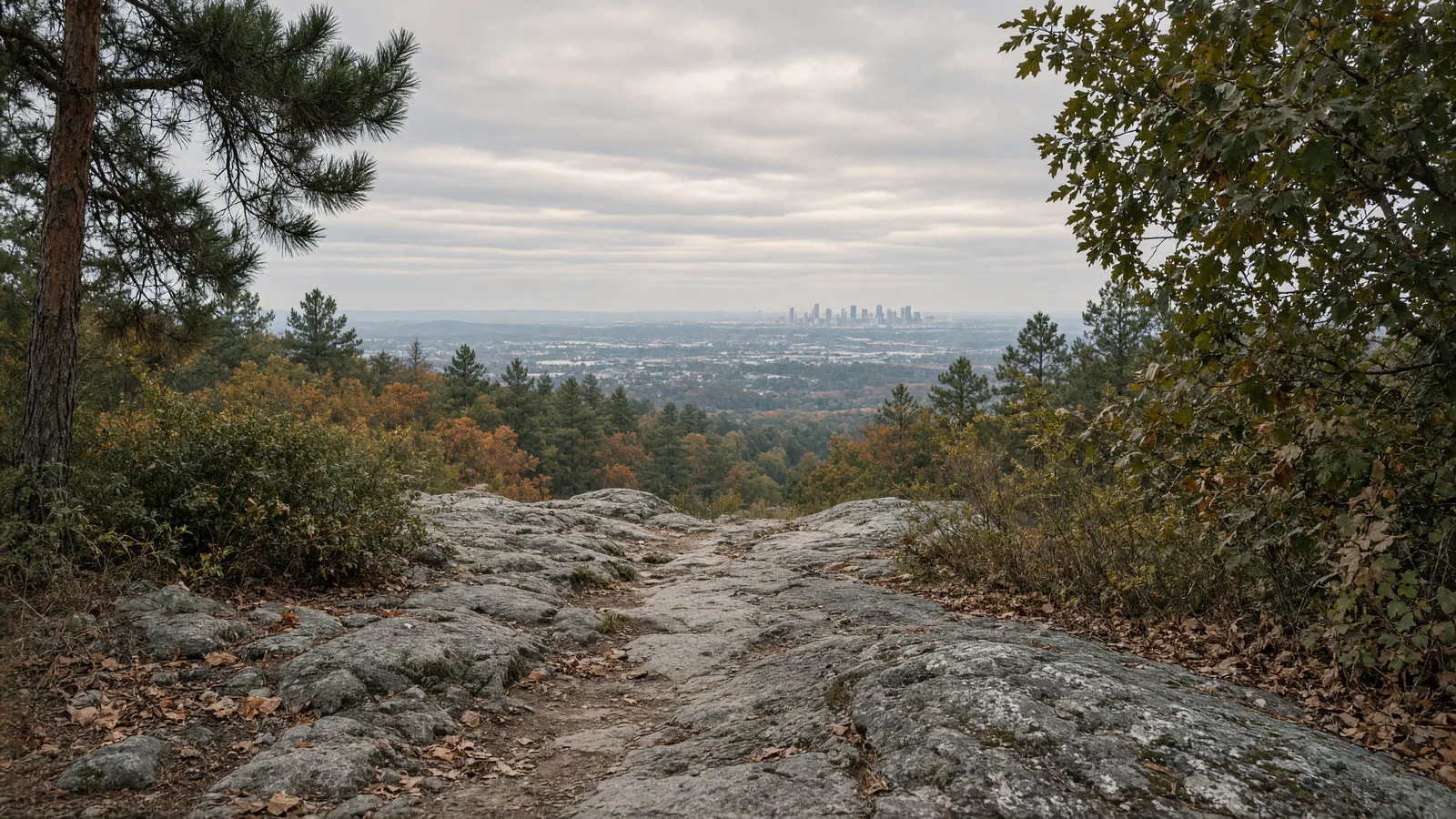 Empty Blue Hills Reservation granite-ledge overlook path above the Boston basin, Norfolk County, Massachusetts