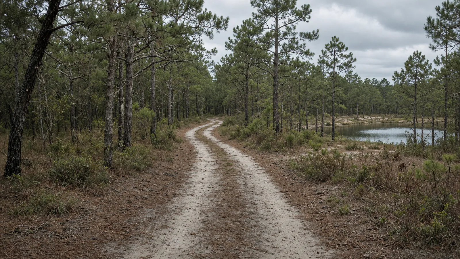 Empty Myles Standish State Forest pine-barrens fire road through pitch pine and kettle ponds, Plymouth County, Massachusetts