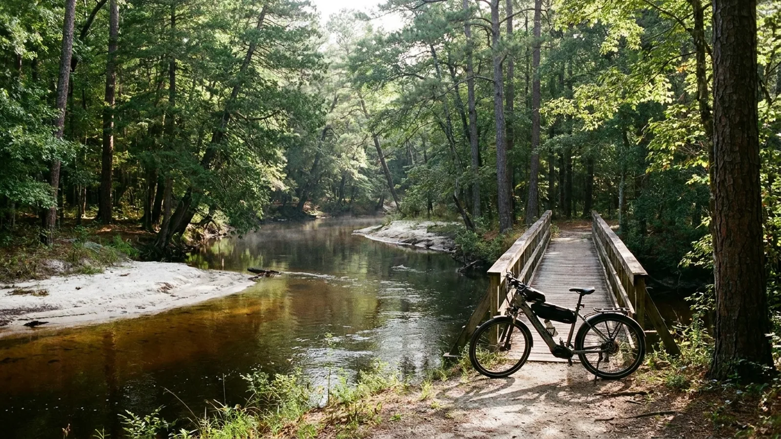 Electric bike at a bridge approach beside a narrow slow river of dark tea-coloured water winding through cedar and pine woods with white sand banks