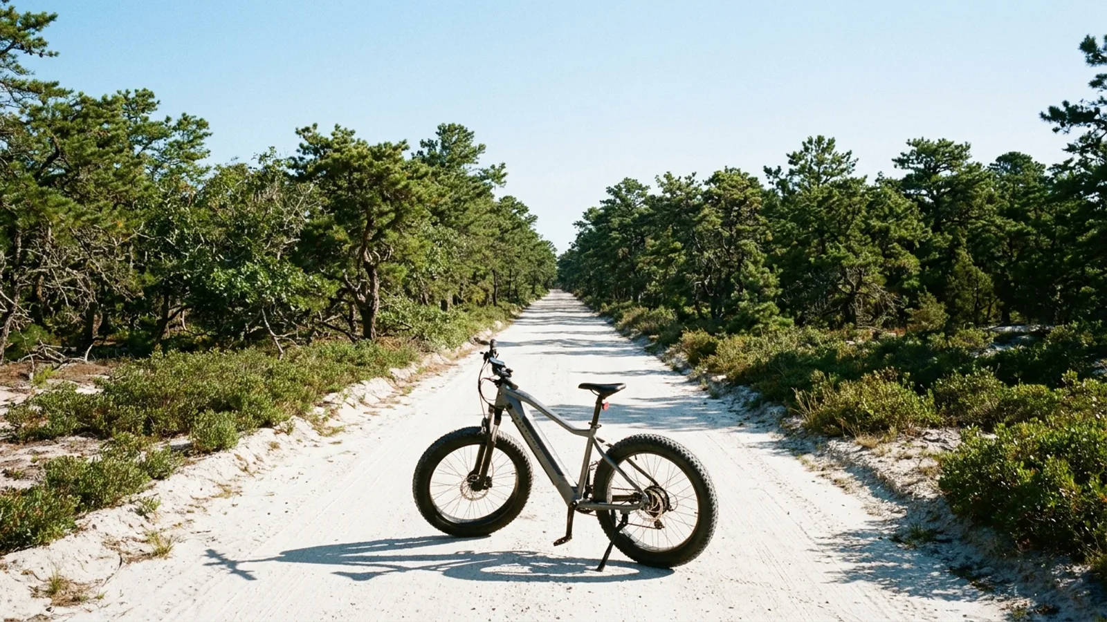 Electric bike with wide tyres on a white sand road through pitch pine forest in the New Jersey Pine Barrens