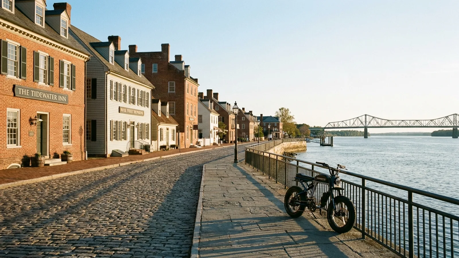 Electric bike at a promenade railing on a very wide river at the end of a historic colonial street of brick and clapboard buildings
