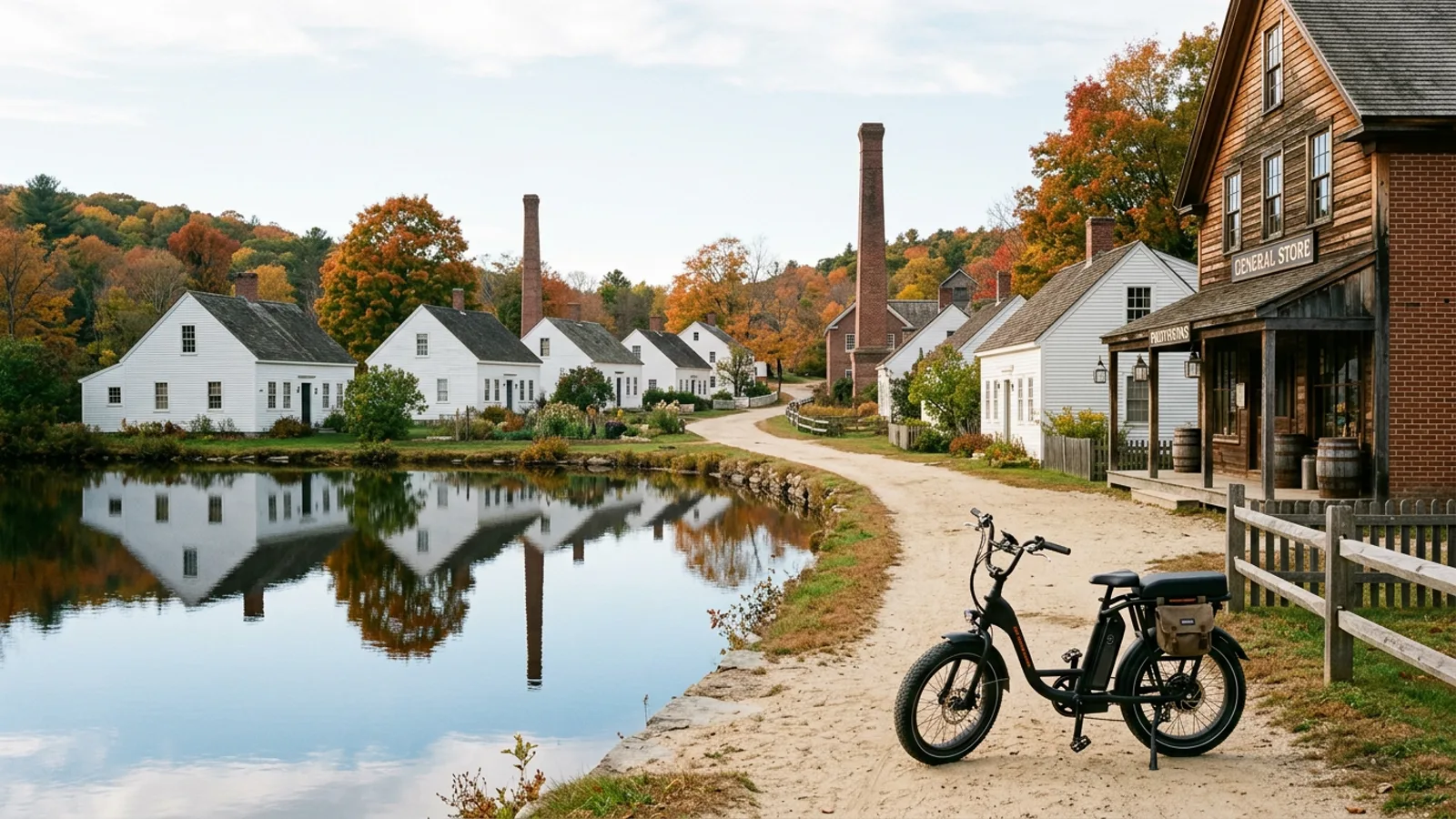 Electric bike on a sandy lane in a preserved nineteenth-century village of white clapboard cottages beside a still mill pond with a brick chimney