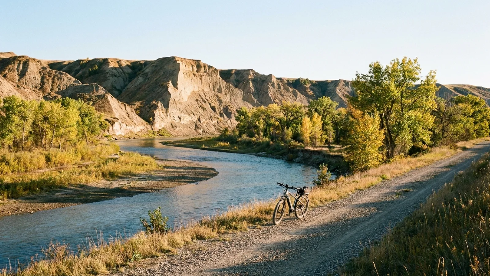 Electric bike on a gravel track beside a wide slow river winding through cottonwood bottomland below steep eroded clay bluffs