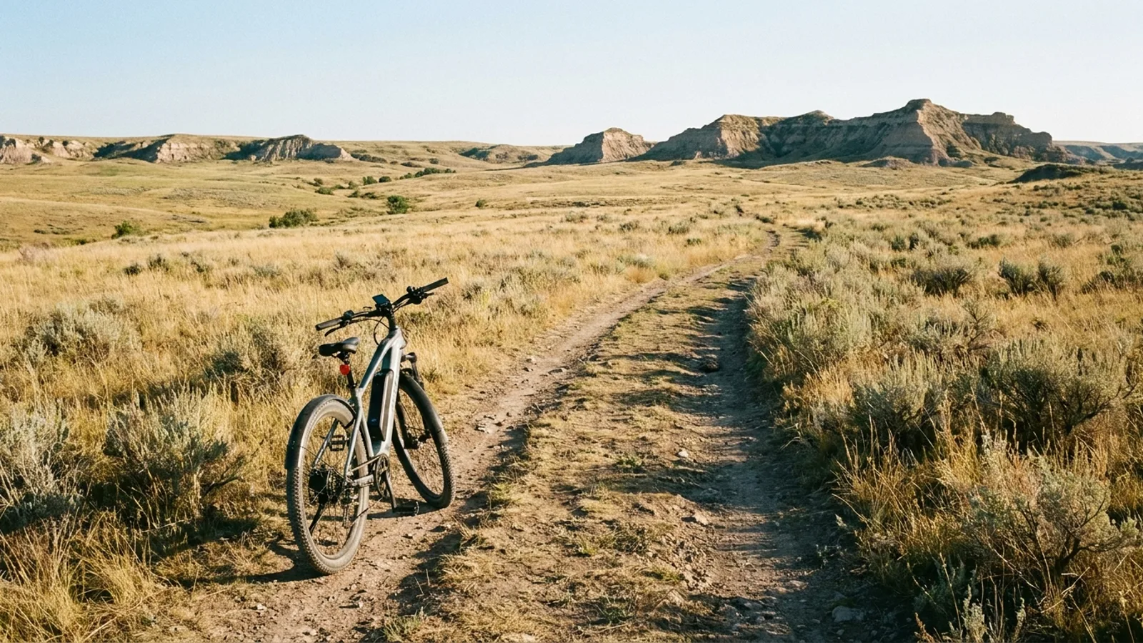 Electric bike parked on a rough single-track dirt trail crossing open rolling prairie grassland toward distant eroded buttes