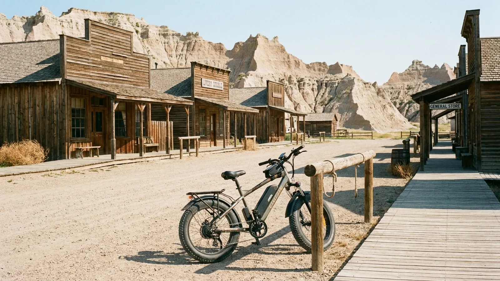Electric bike at a hitching rail on a small western frontier town street of wooden false-front buildings with badlands bluffs behind