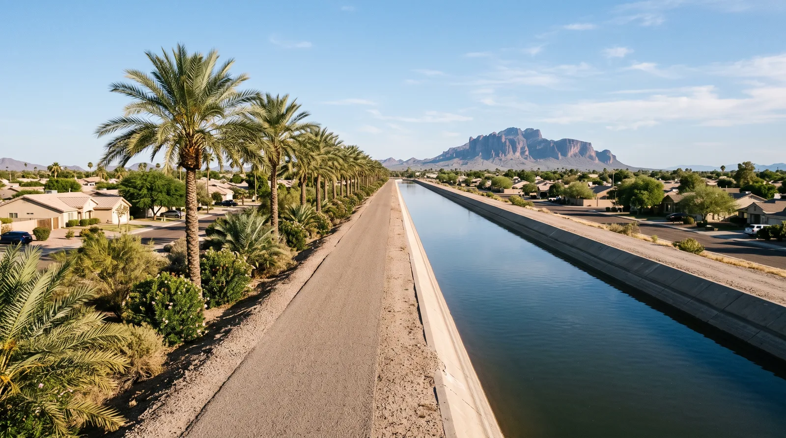 Straight path beside a concrete-lined canal running through a flat desert suburb with palms along the bank