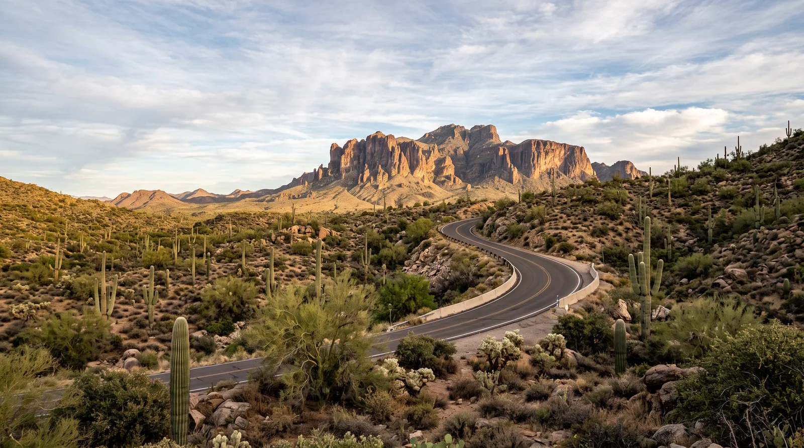 Two-lane desert road climbing through saguaro country toward rugged mountains under a wide sky