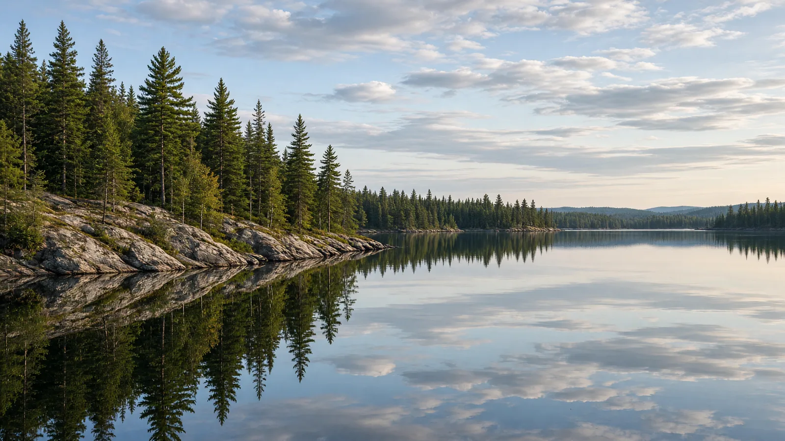 Boundary Waters pine shoreline and northern lake, Minnesota