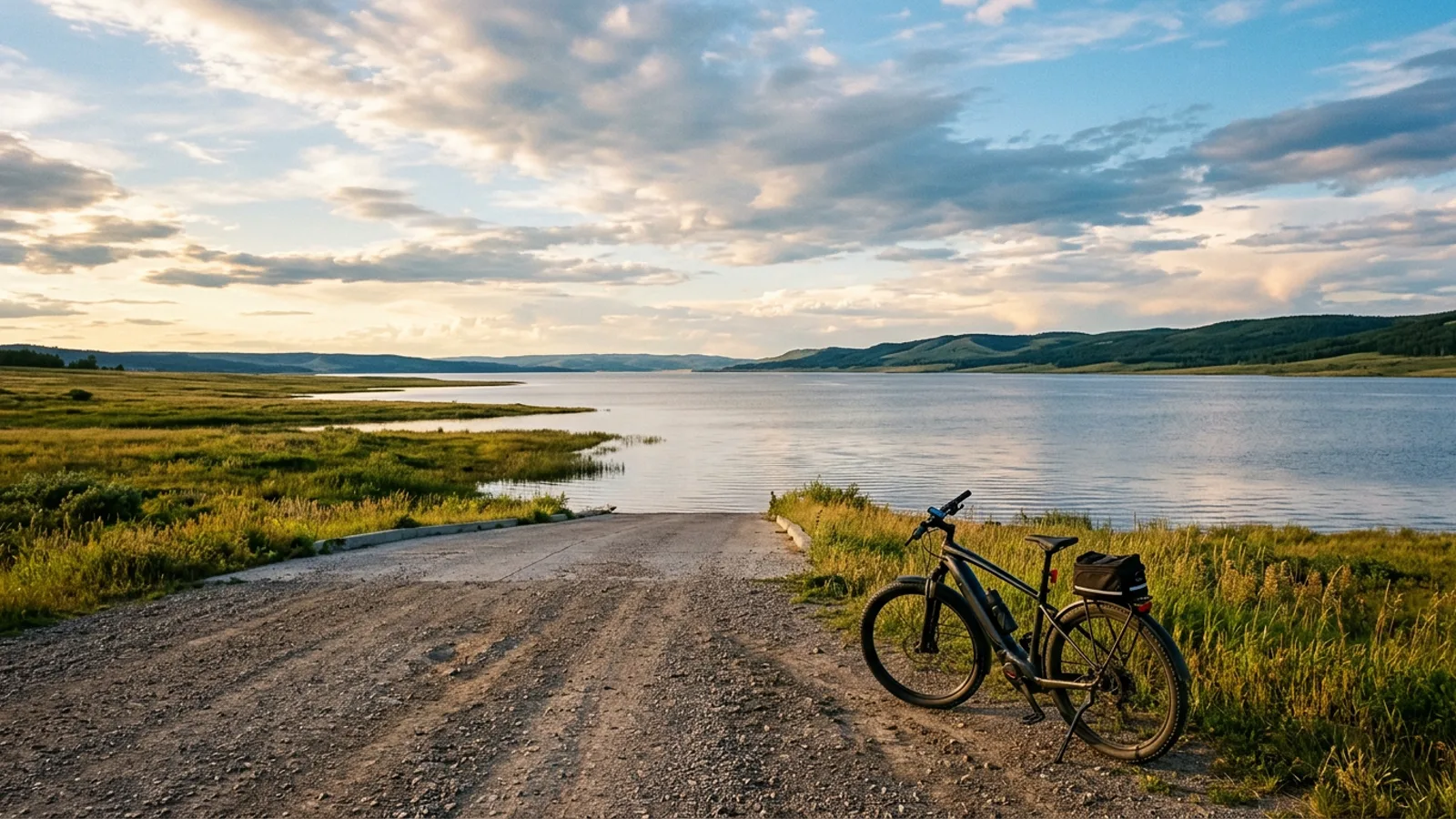 Electric bike near the shore of a wide reservoir lake with long low grassy shorelines under a huge open sky