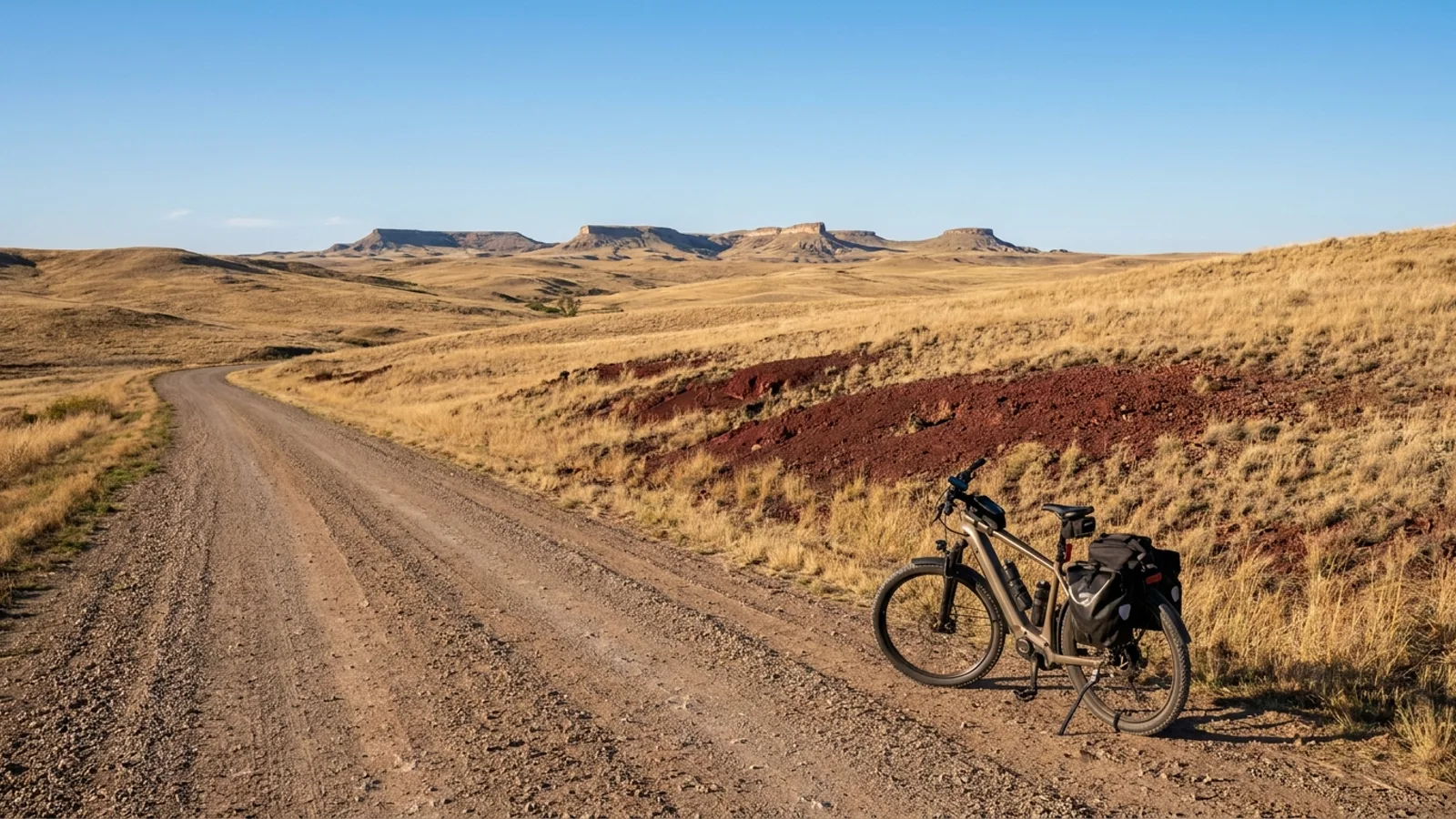 Electric bike at the roadside on dry rolling short-grass prairie hills with a gravel road crossing toward distant low buttes