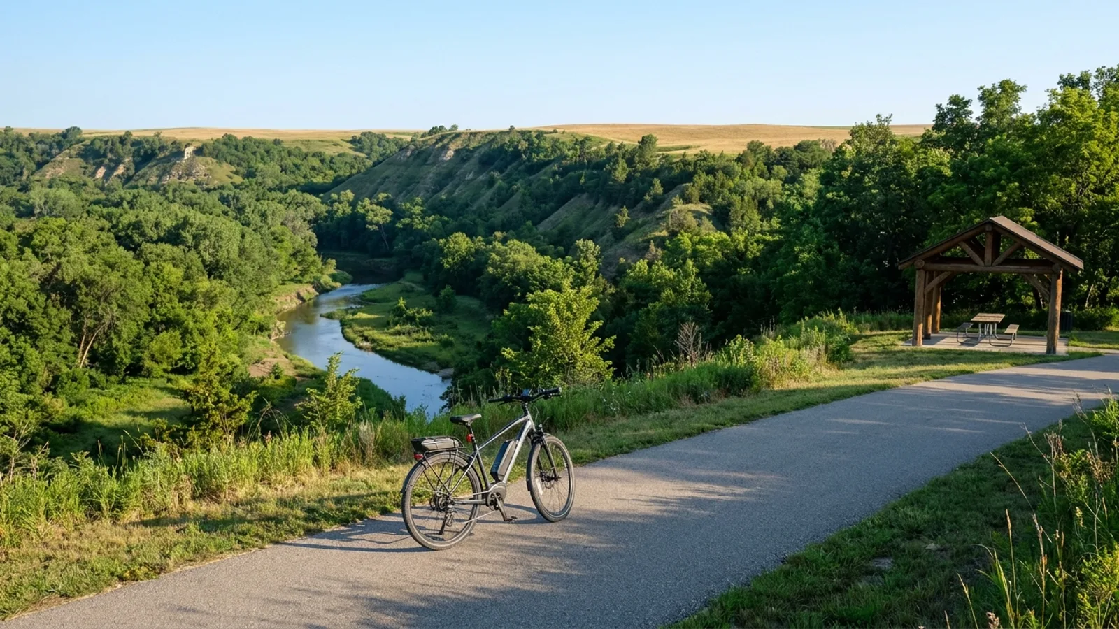 Electric bike on a paved trail beside a small winding river through a green wooded valley cut below flat prairie uplands