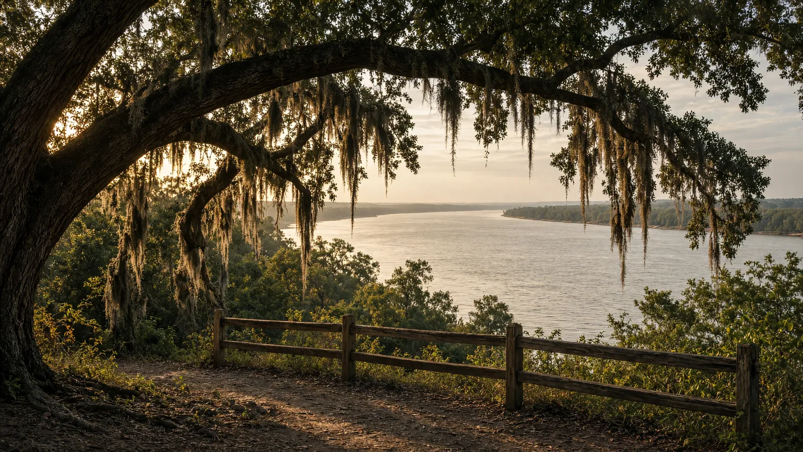 Empty Mississippi River bluff overlook through live oaks near Natchez, Adams County, Mississippi