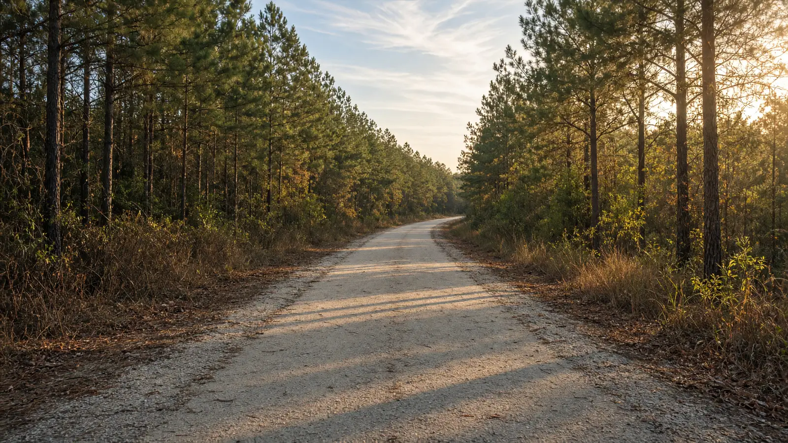 Empty paved Longleaf Trace through longleaf pine near Hattiesburg, Forrest County, Mississippi