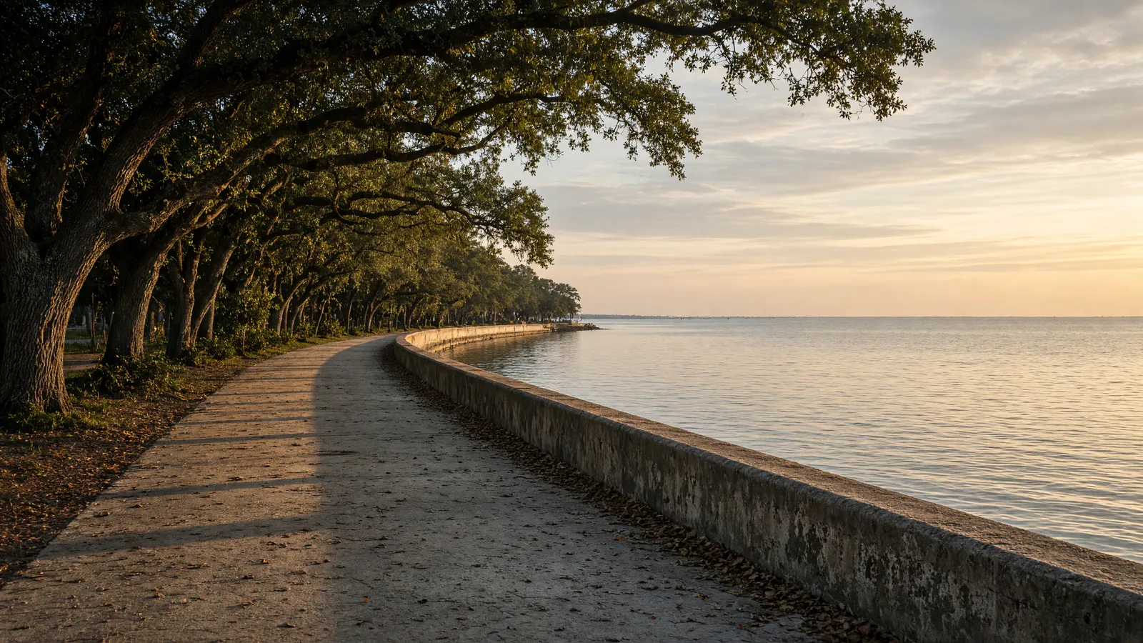 Empty Bay St. Louis waterfront path toward Mississippi Sound, Hancock County, Mississippi