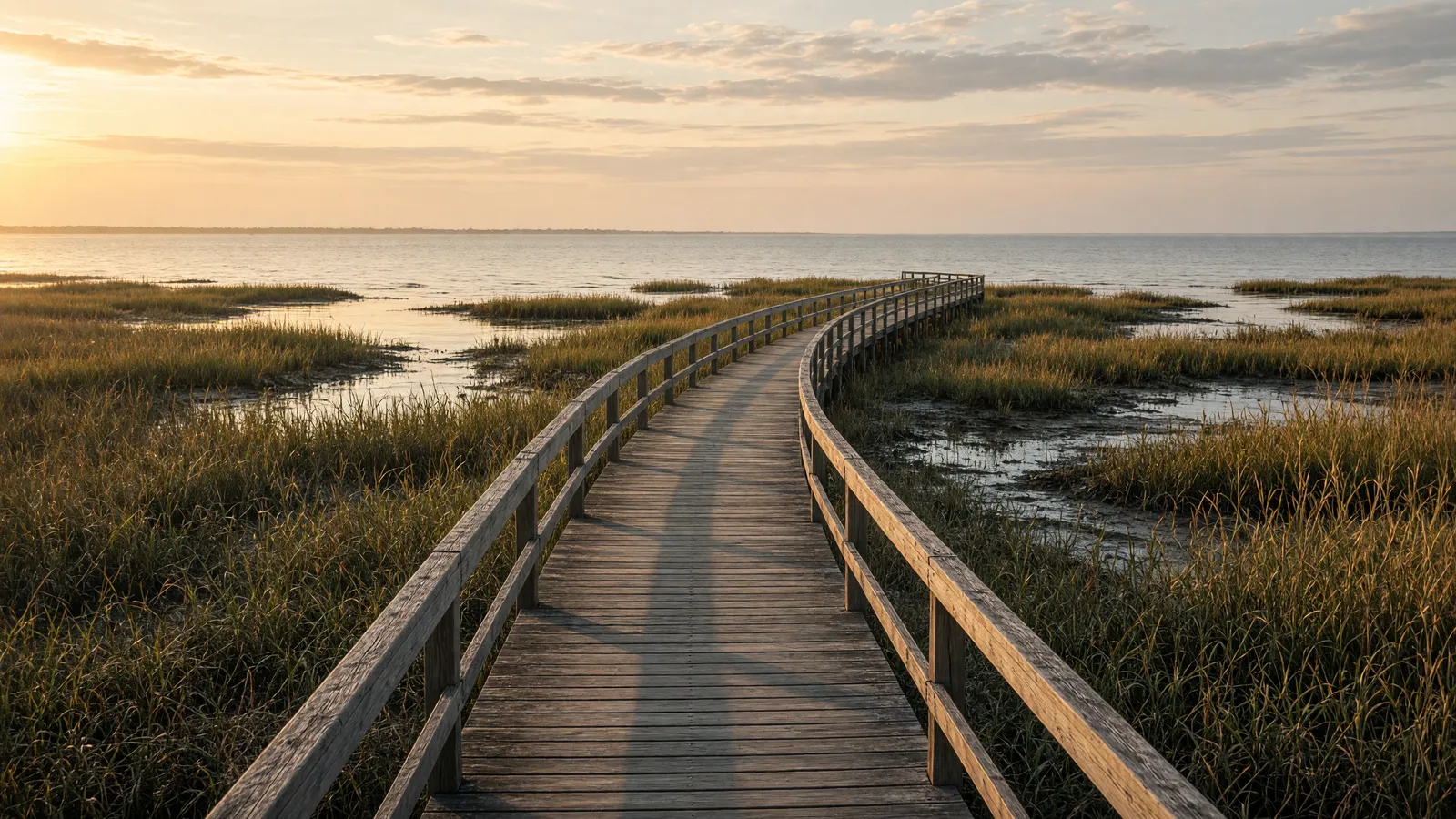 Empty Ocean Springs bayou boardwalk through salt marsh toward Mississippi Sound, Jackson County, Mississippi