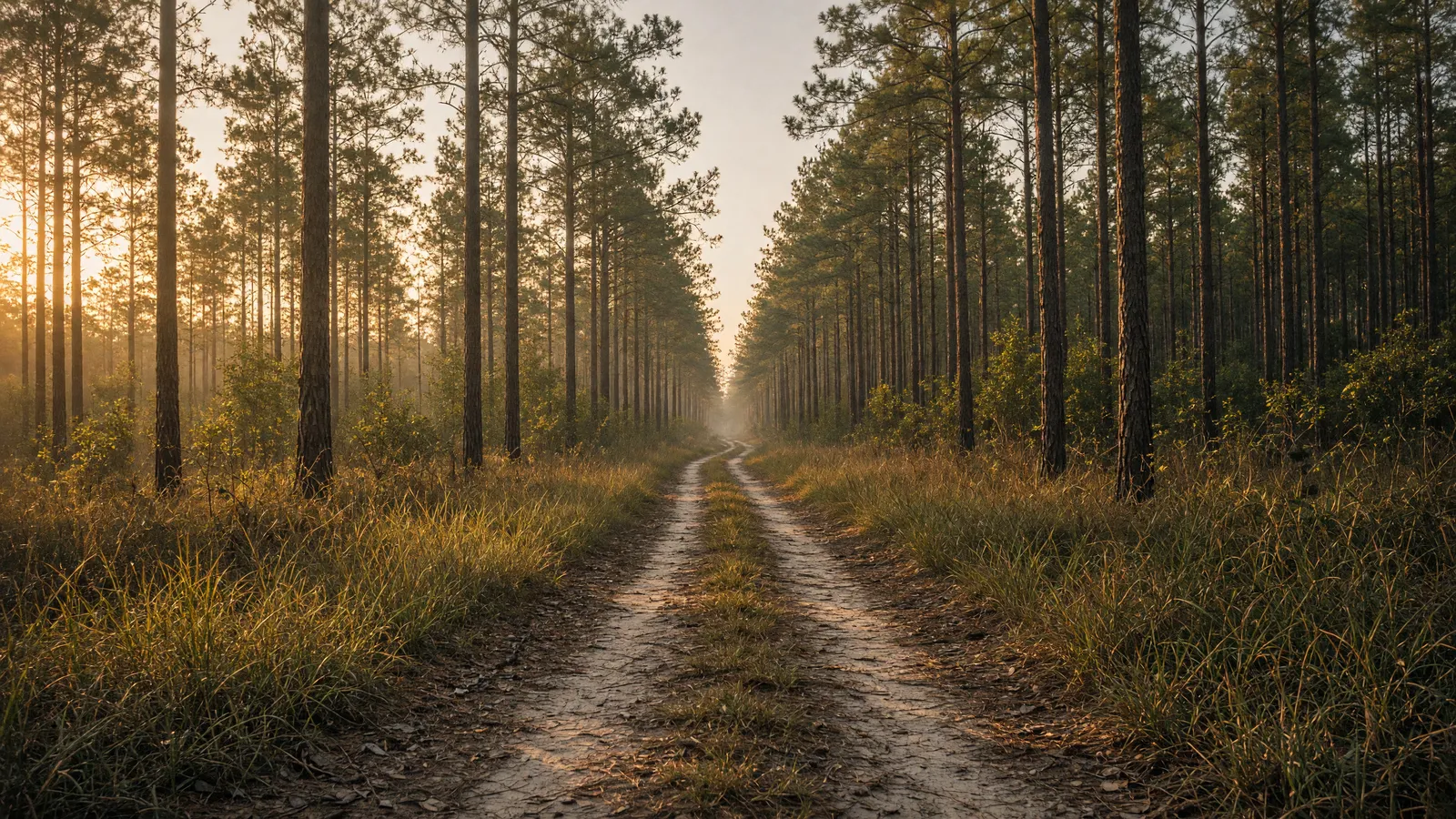 Empty longleaf pine forest two-track through wiregrass in Lamar County, Mississippi