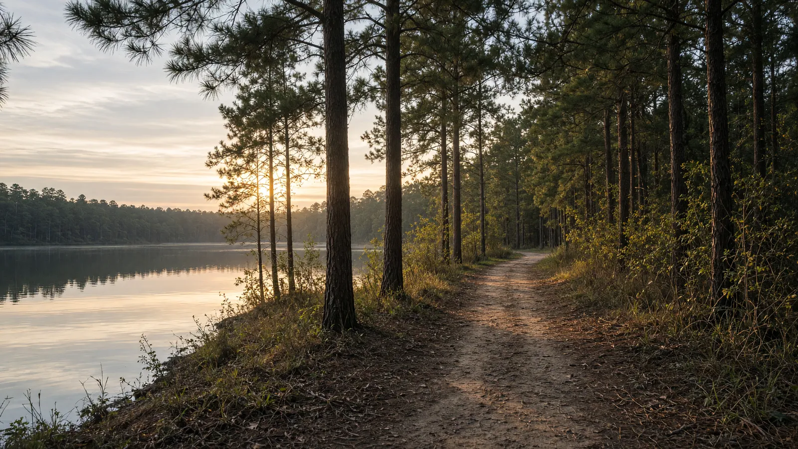 Empty Bonita Lakes shoreline path through pines near Meridian, Lauderdale County, Mississippi