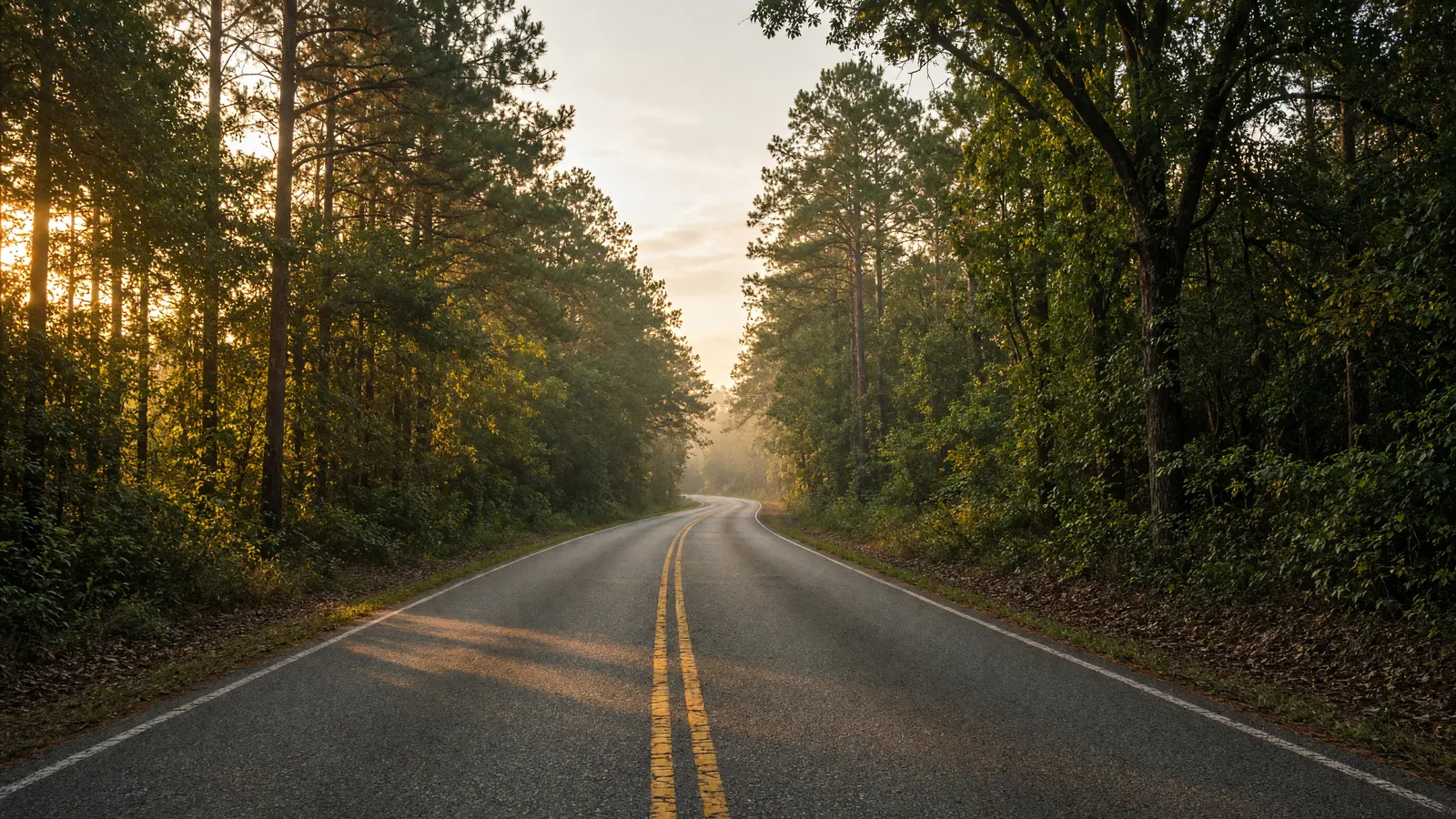 Empty Homochitto National Forest two-lane through mixed pine and hardwood near Brookhaven, Lincoln County, Mississippi