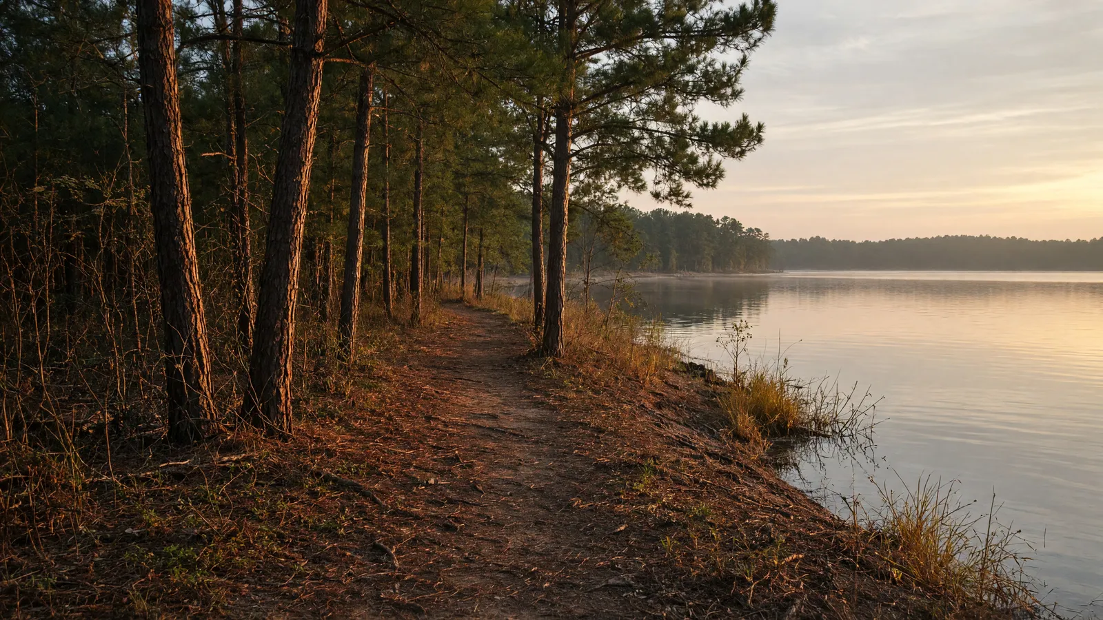 Empty Ross Barnett Reservoir shoreline path through pines near Ridgeland, Madison County, Mississippi