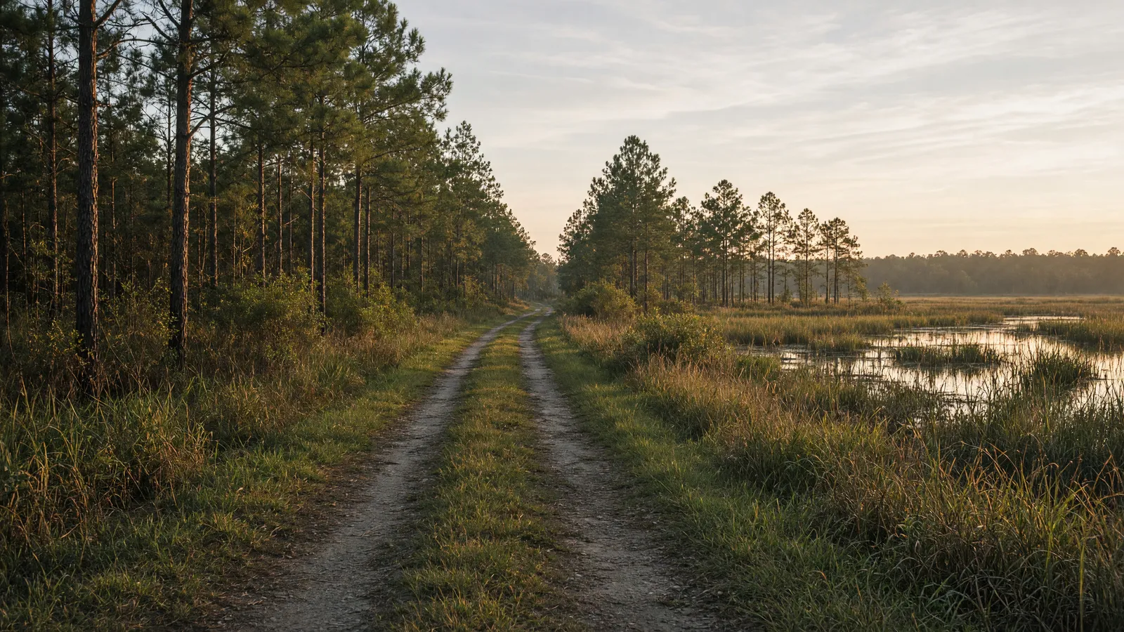 Empty Noxubee National Wildlife Refuge prairie-wetland two-track through pines near Starkville, Oktibbeha County, Mississippi