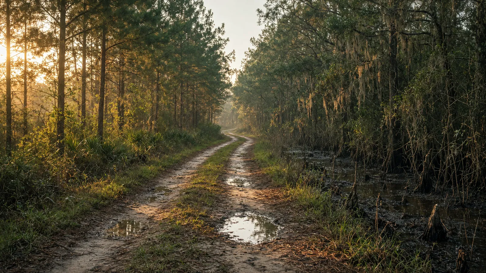 Empty Bogue Chitto pine-and-cypress two-track near Picayune, Pearl River County, Mississippi
