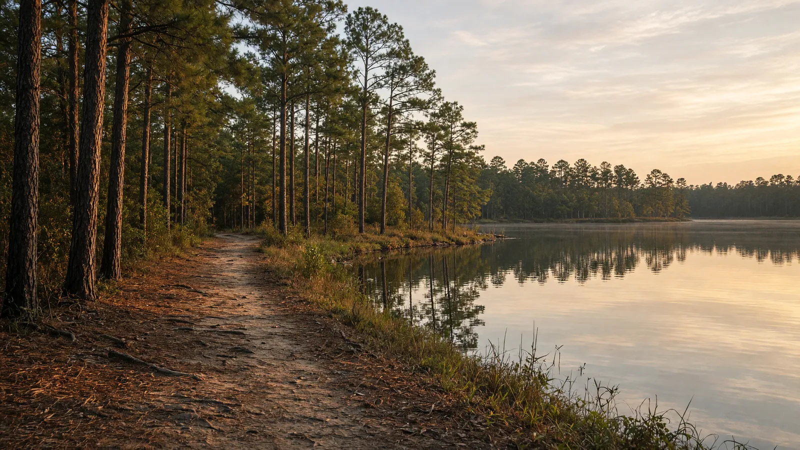 Empty Percy Quin State Park pine-lakeshore path near McComb, Pike County, Mississippi