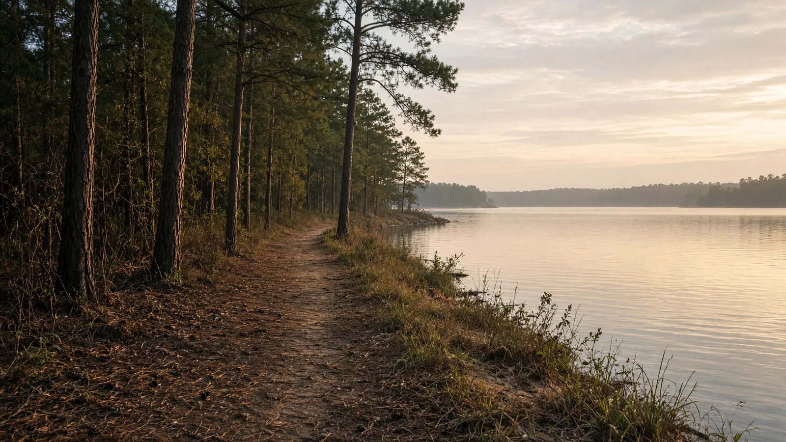 Empty Ross Barnett Reservoir east-shore pine path near Pearl, Rankin County, Mississippi